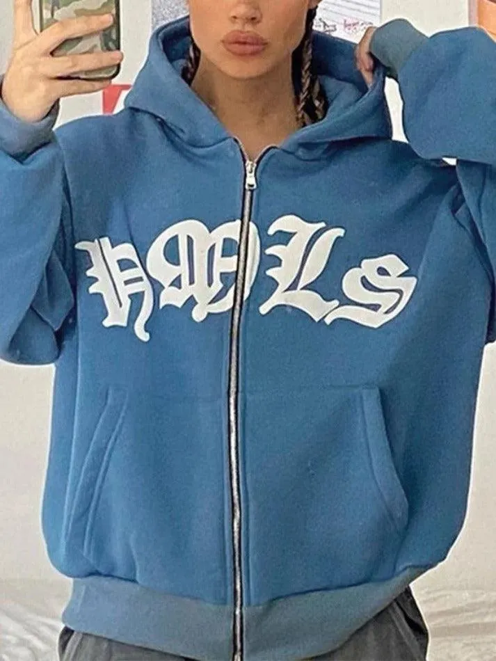 Gothic Letter Graphic Zip Up Hoodie