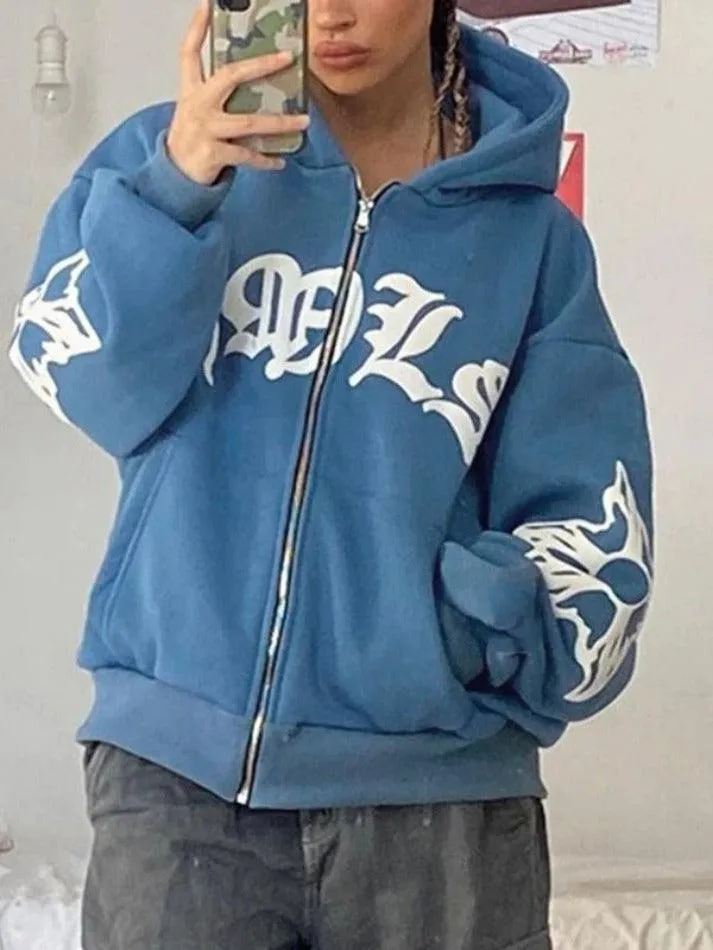 Gothic Letter Graphic Zip Up Hoodie
