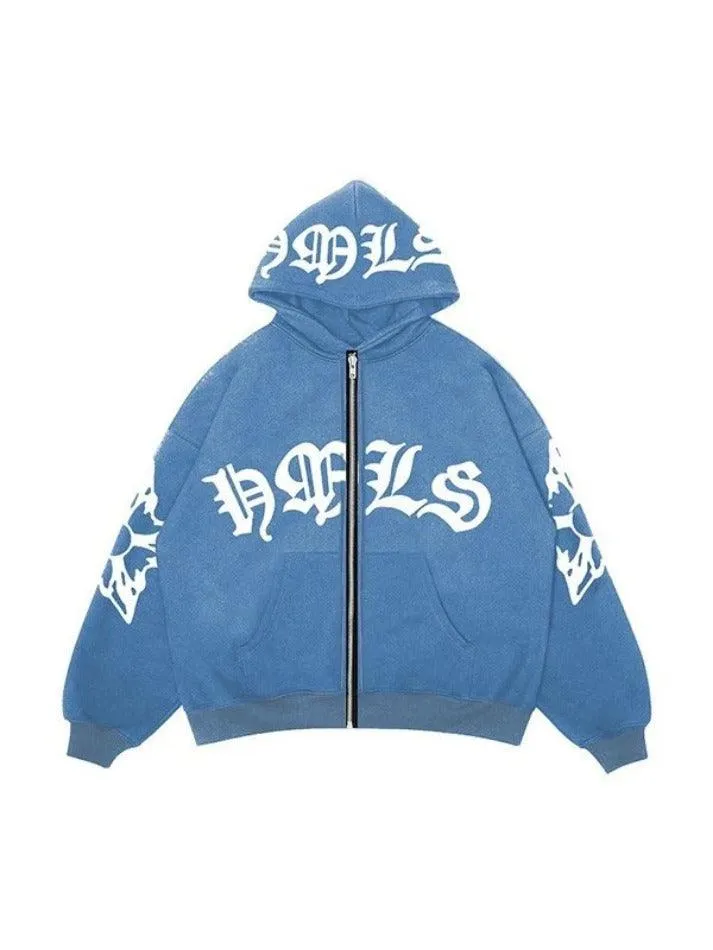Gothic Letter Graphic Zip Up Hoodie