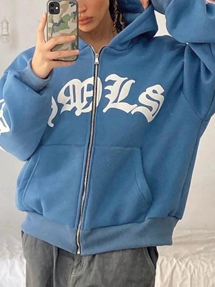 Gothic Letter Graphic Zip Up Hoodie