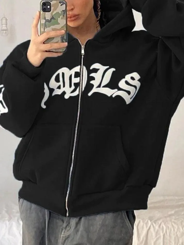 Gothic Letter Graphic Zip Up Hoodie