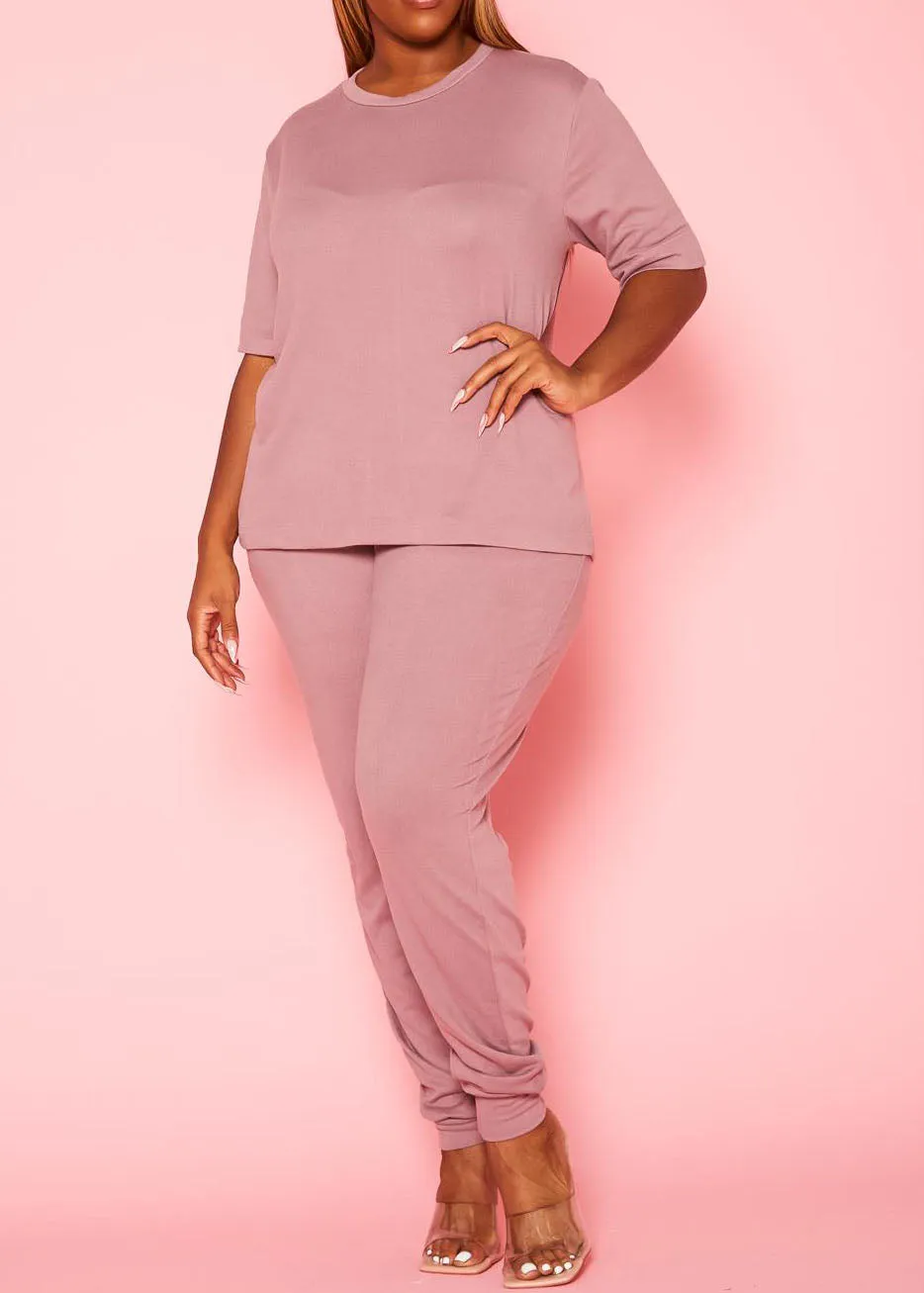 Hi Curvy Plus Size Women Knit Half Sleeve Top and Jogger Pants Set