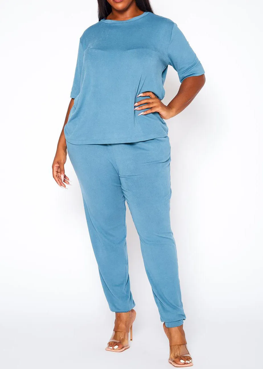 Hi Curvy Plus Size Women Knit Half Sleeve Top and Jogger Pants Set