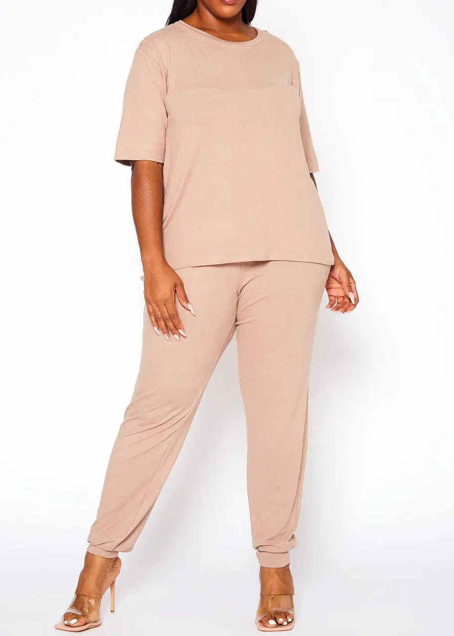 Hi Curvy Plus Size Women Knit Half Sleeve Top and Jogger Pants Set