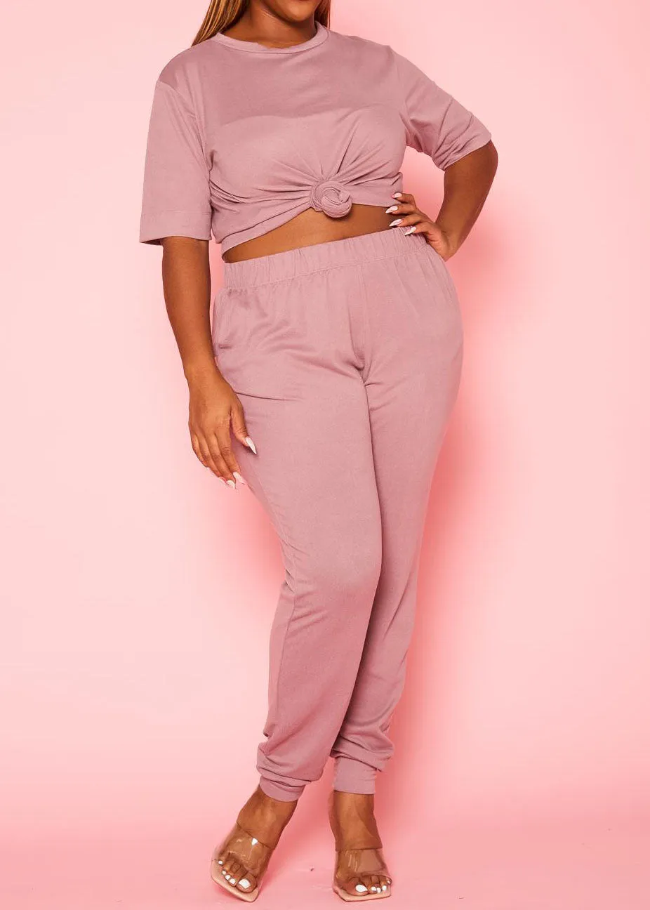 Hi Curvy Plus Size Women Knit Half Sleeve Top and Jogger Pants Set