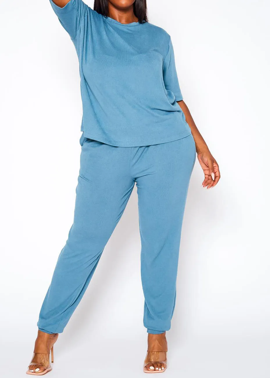 Hi Curvy Plus Size Women Knit Half Sleeve Top and Jogger Pants Set