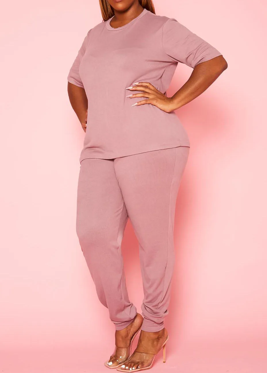 Hi Curvy Plus Size Women Knit Half Sleeve Top and Jogger Pants Set