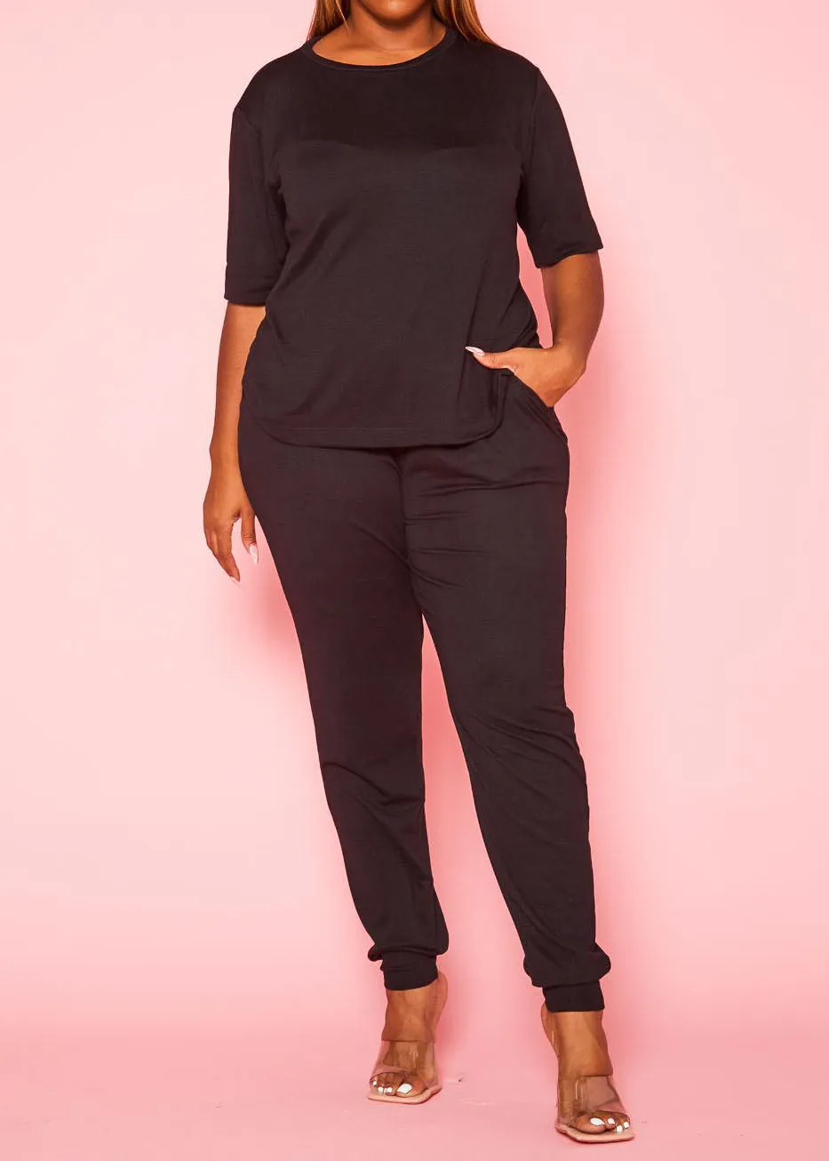 Hi Curvy Plus Size Women Knit Half Sleeve Top and Jogger Pants Set