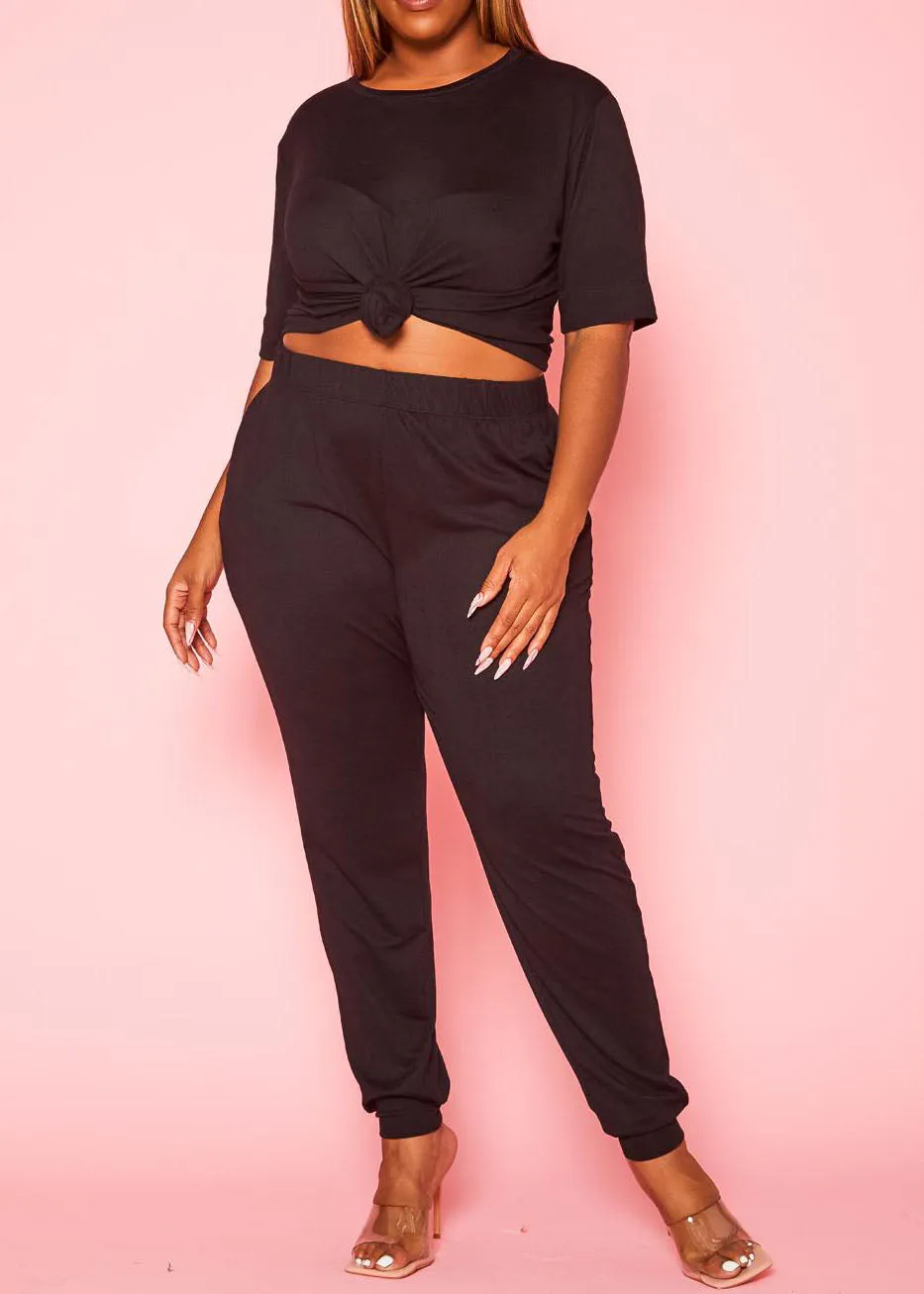 Hi Curvy Plus Size Women Knit Half Sleeve Top and Jogger Pants Set