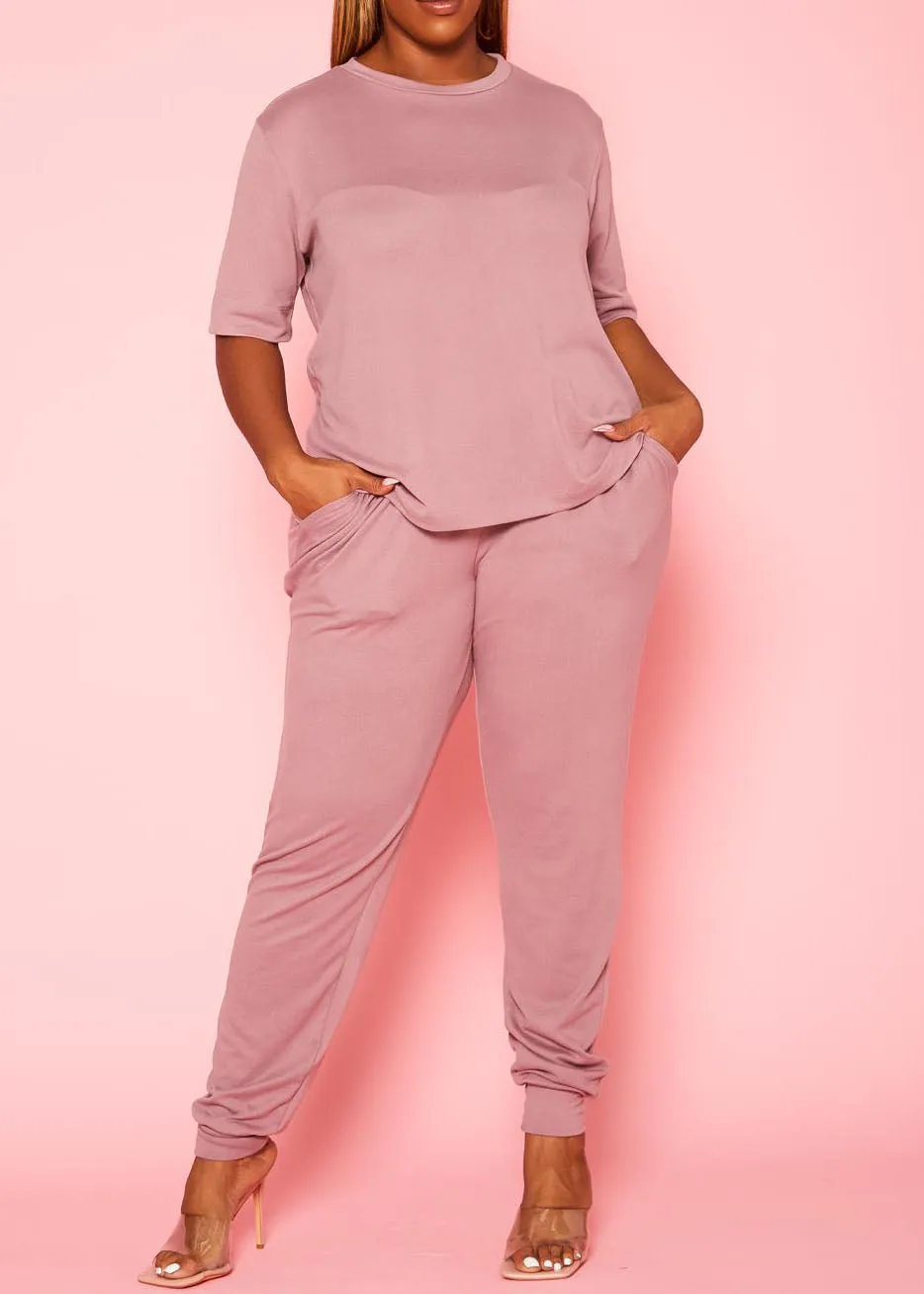 Hi Curvy Plus Size Women Knit Half Sleeve Top and Jogger Pants Set