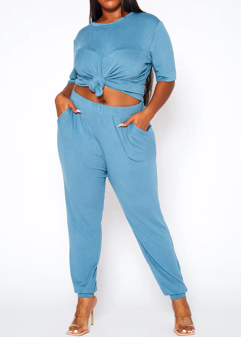 Hi Curvy Plus Size Women Knit Half Sleeve Top and Jogger Pants Set