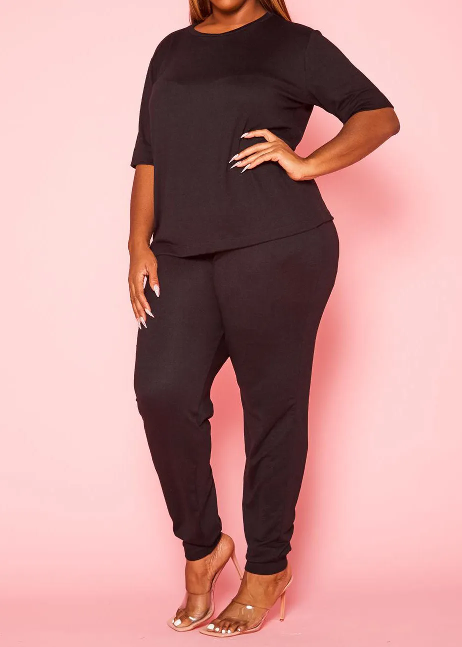 Hi Curvy Plus Size Women Knit Half Sleeve Top and Jogger Pants Set