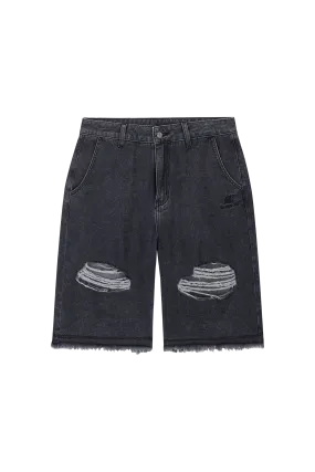 ICS Washed Distressed Raw-edge Denim Shorts