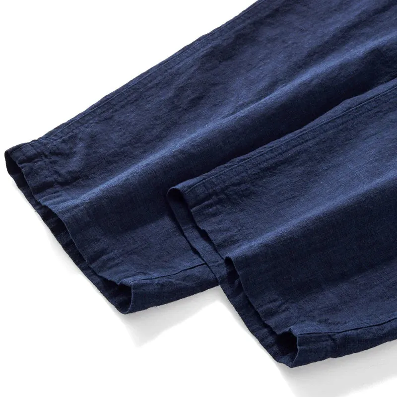 Indigo Dyed Cotton Linen Blend Casual Pants
