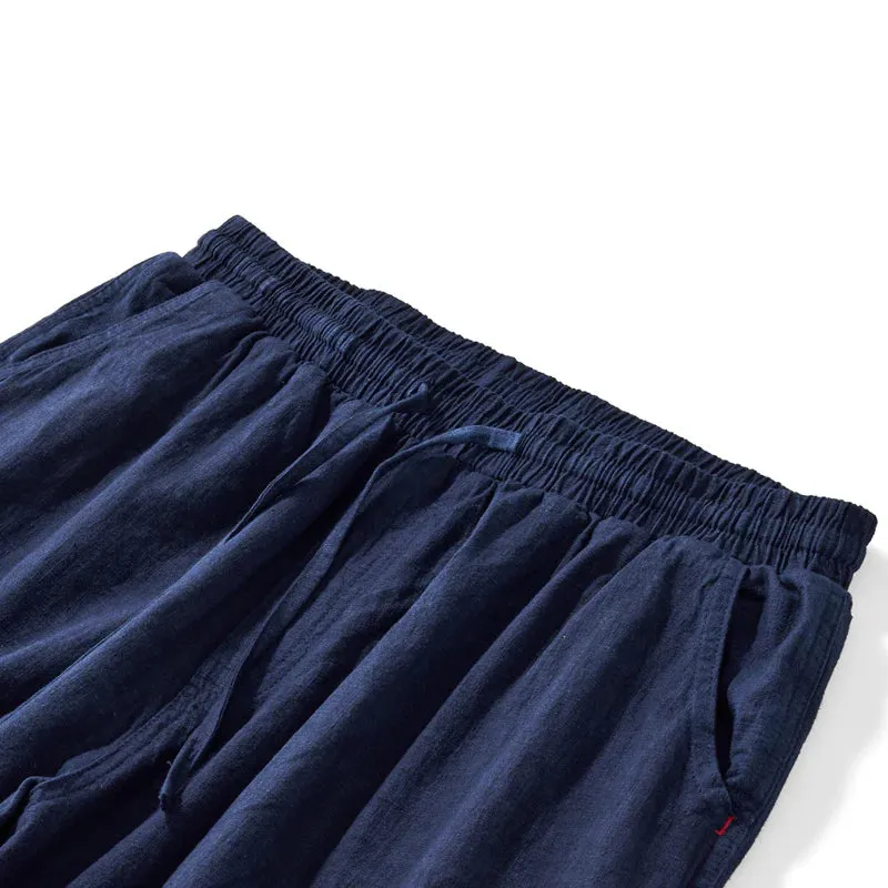 Indigo Dyed Cotton Linen Blend Casual Pants