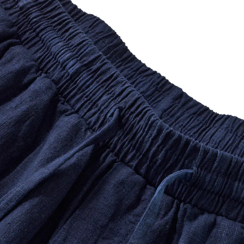 Indigo Dyed Cotton Linen Blend Casual Pants
