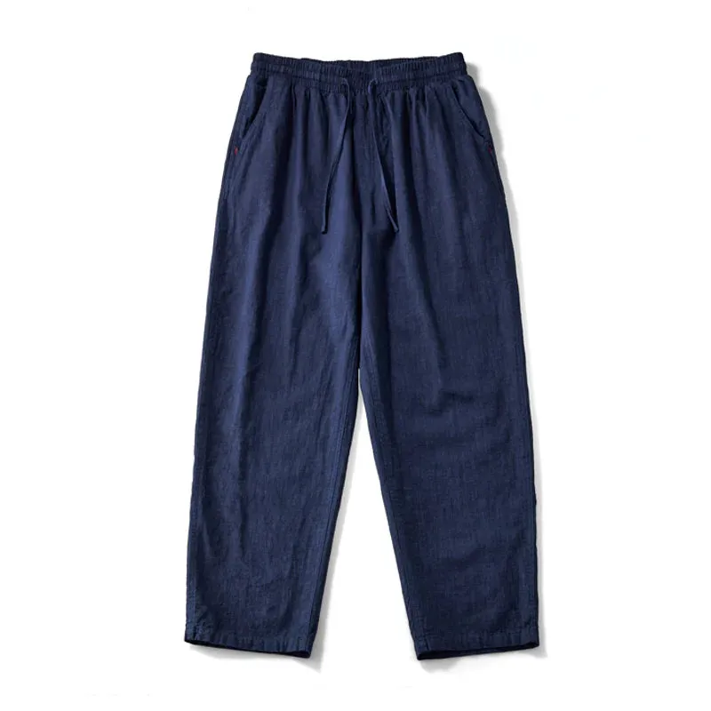 Indigo Dyed Cotton Linen Blend Casual Pants