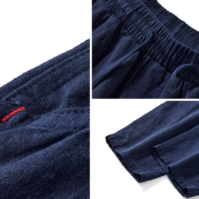 Indigo Dyed Cotton Linen Blend Casual Pants