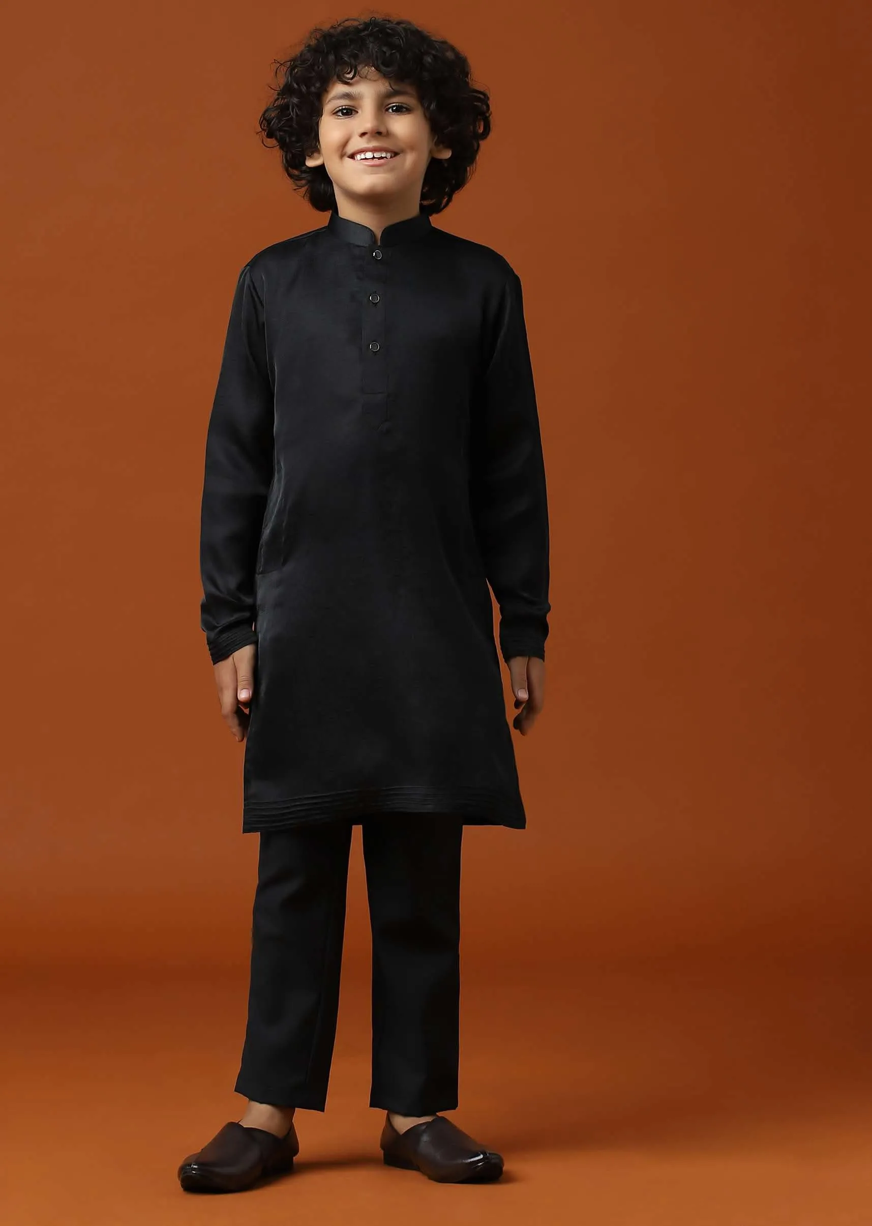 Kalki Black Embroidered Terry Rayon Jacket And Silk Kurta Set For Boys