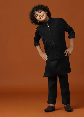 Kalki Black Embroidered Terry Rayon Jacket And Silk Kurta Set For Boys