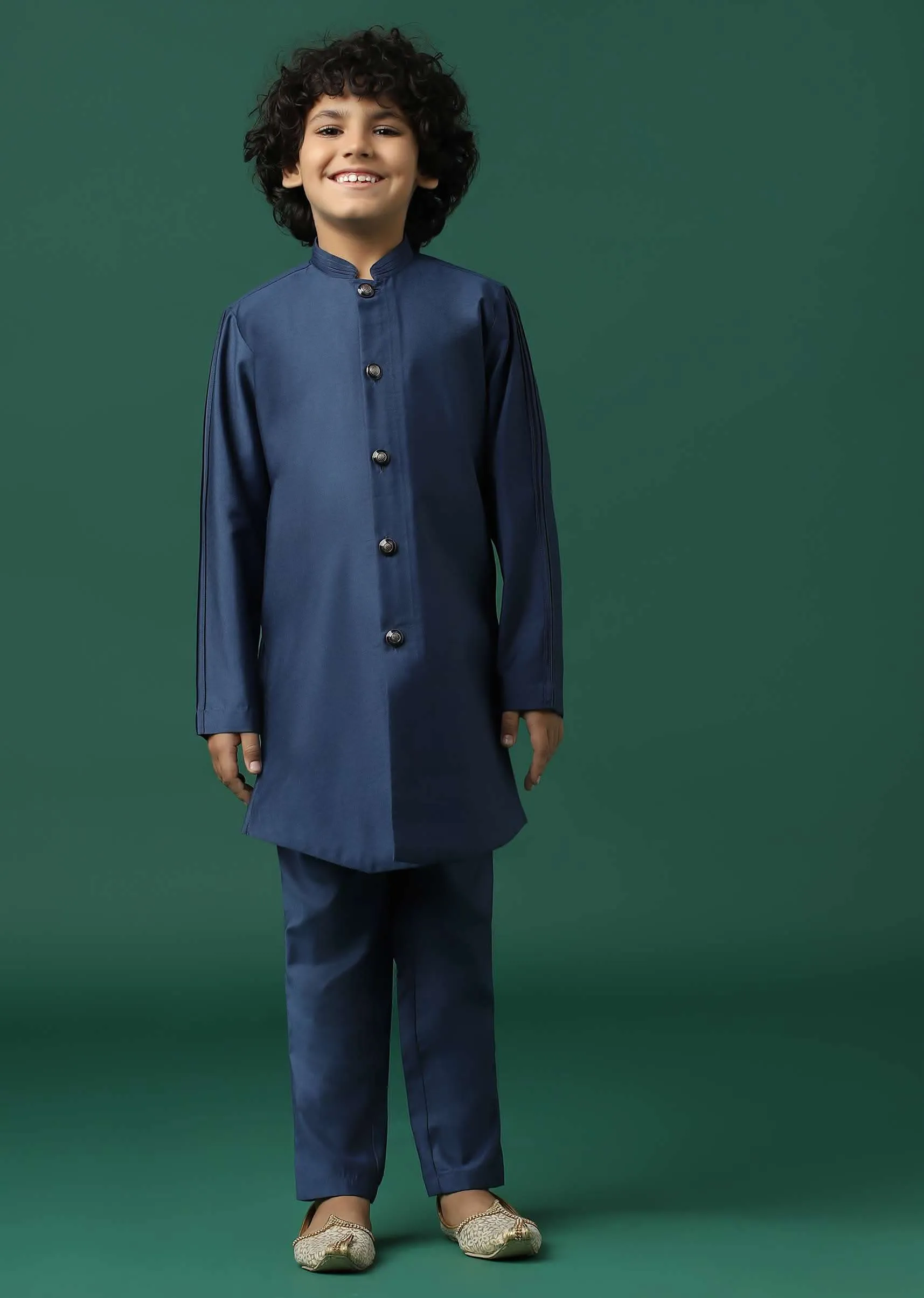 Kalki Navy Blue Sherwani Set In Silk With Threadwork And Sequins Embroidery For Boys
