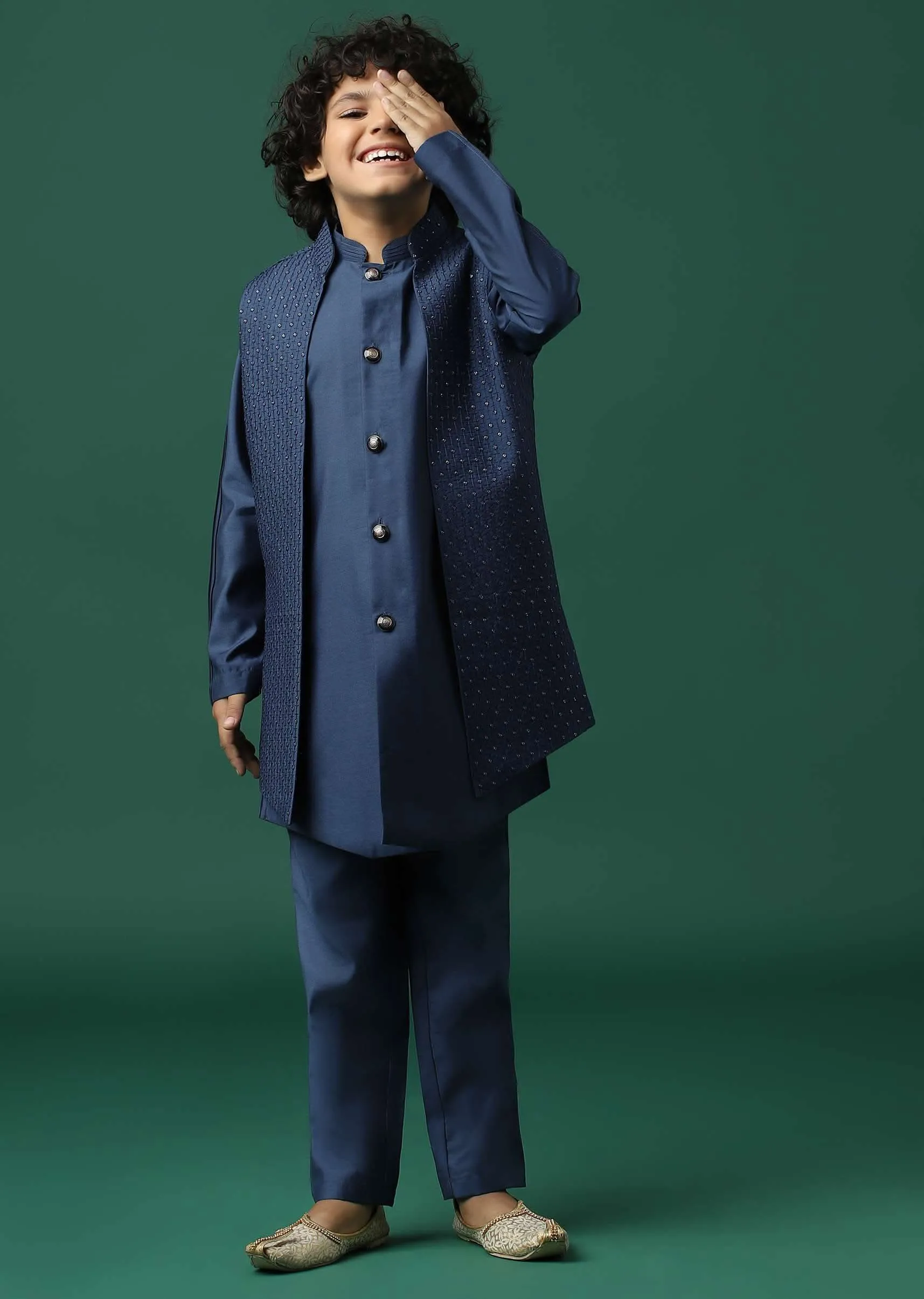 Kalki Navy Blue Sherwani Set In Silk With Threadwork And Sequins Embroidery For Boys