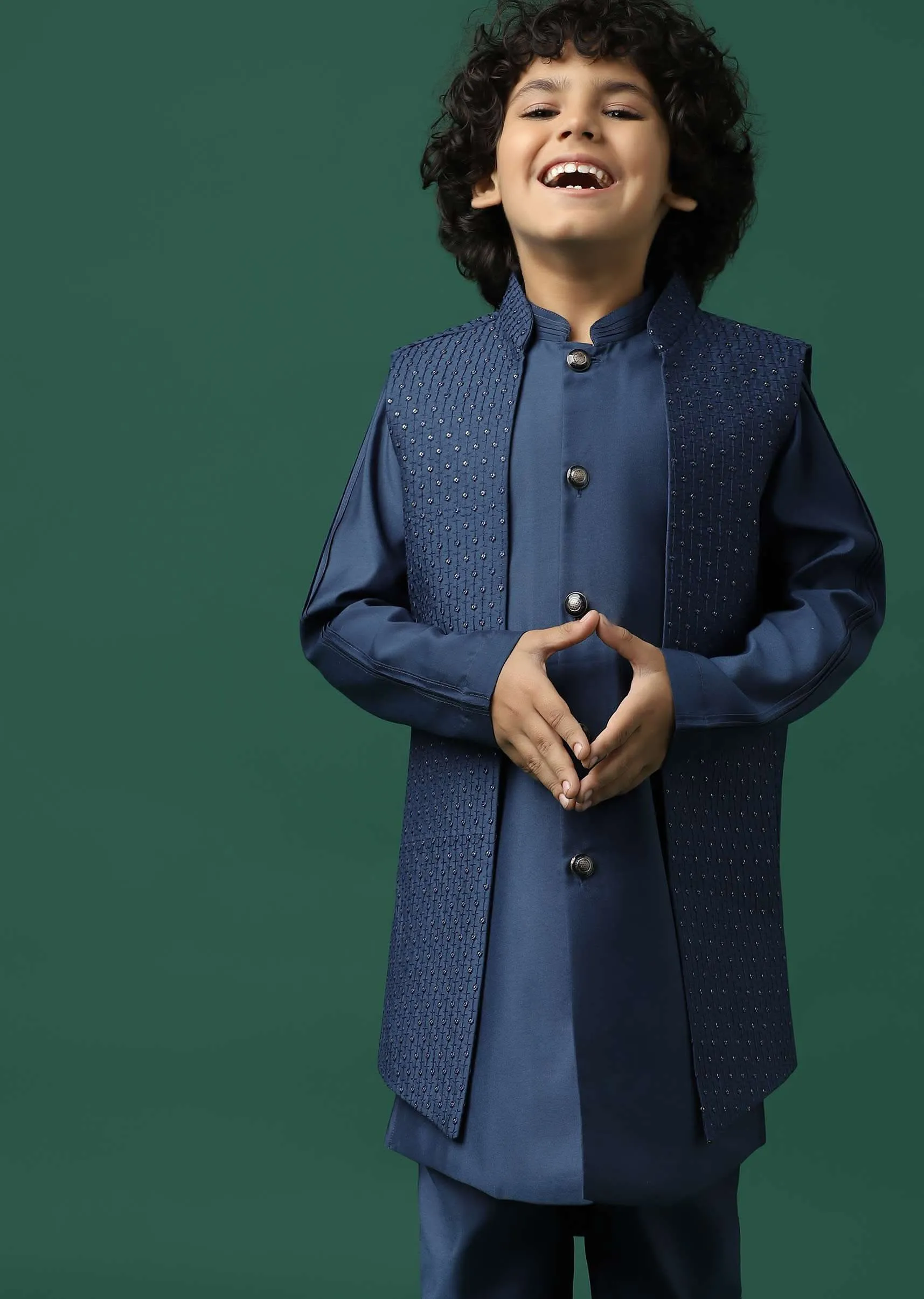 Kalki Navy Blue Sherwani Set In Silk With Threadwork And Sequins Embroidery For Boys