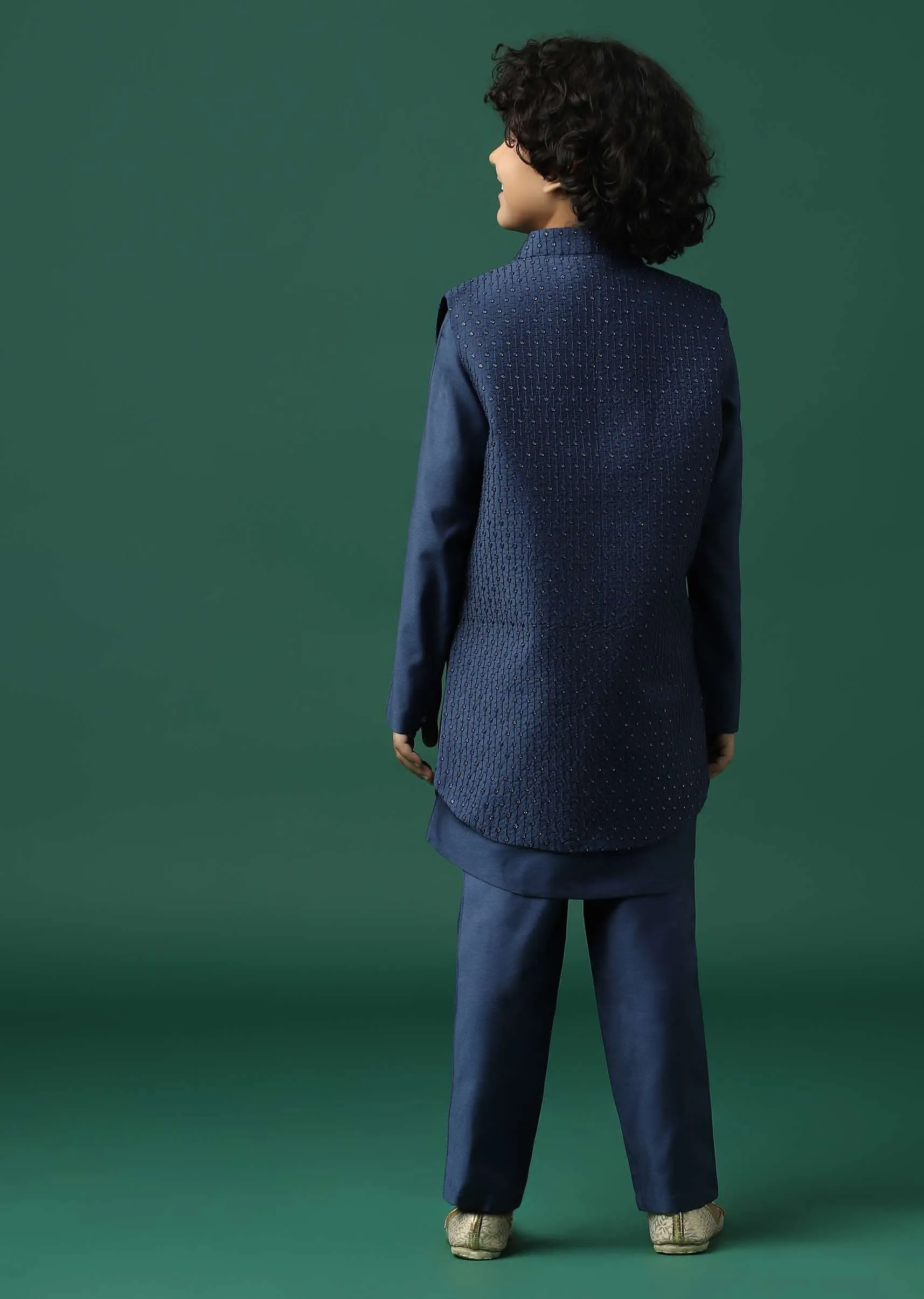 Kalki Navy Blue Sherwani Set In Silk With Threadwork And Sequins Embroidery For Boys