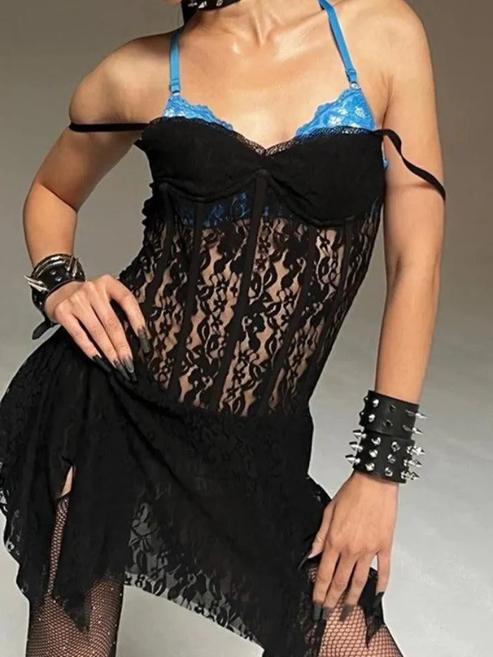 Lace Corset Irregular Hem Cami Mini Dress
