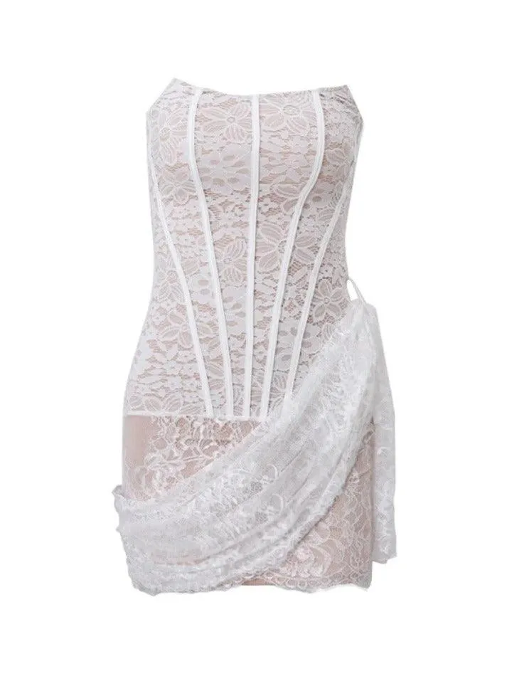 Lace Mesh Corset Bandeau Mini Dress