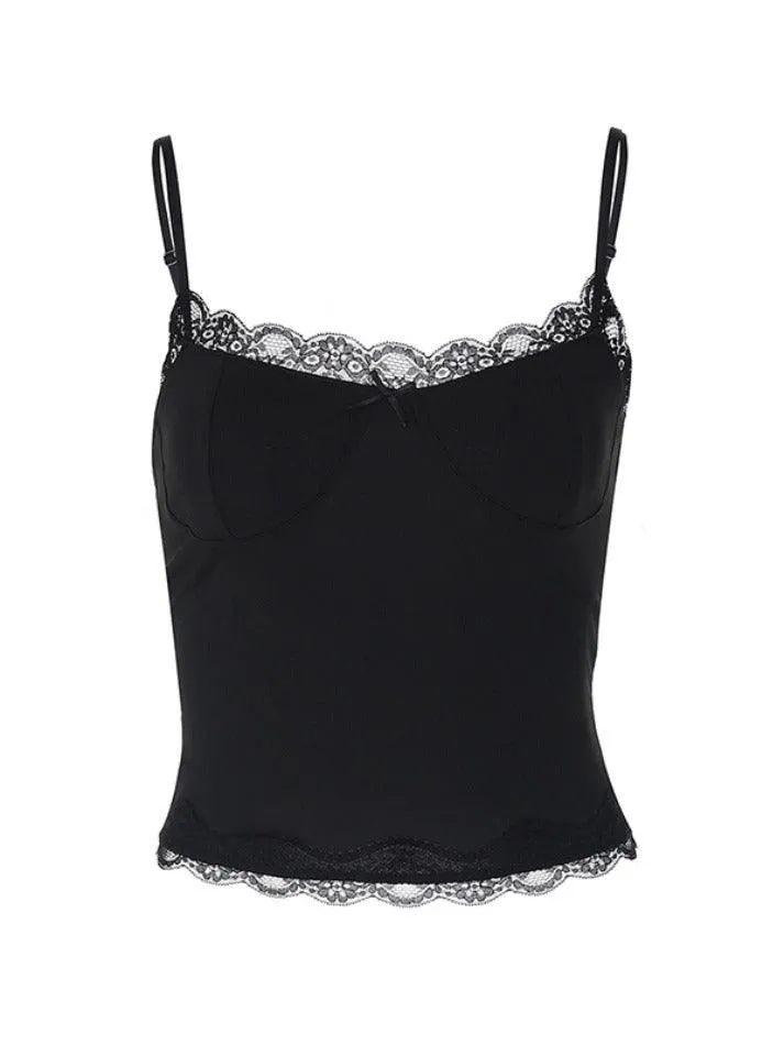 Lace Paneling Black Slim Fit Cami Top