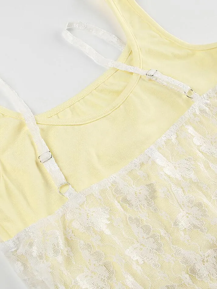 Lace Patchwork Yellow Bow Cami Tank Top
