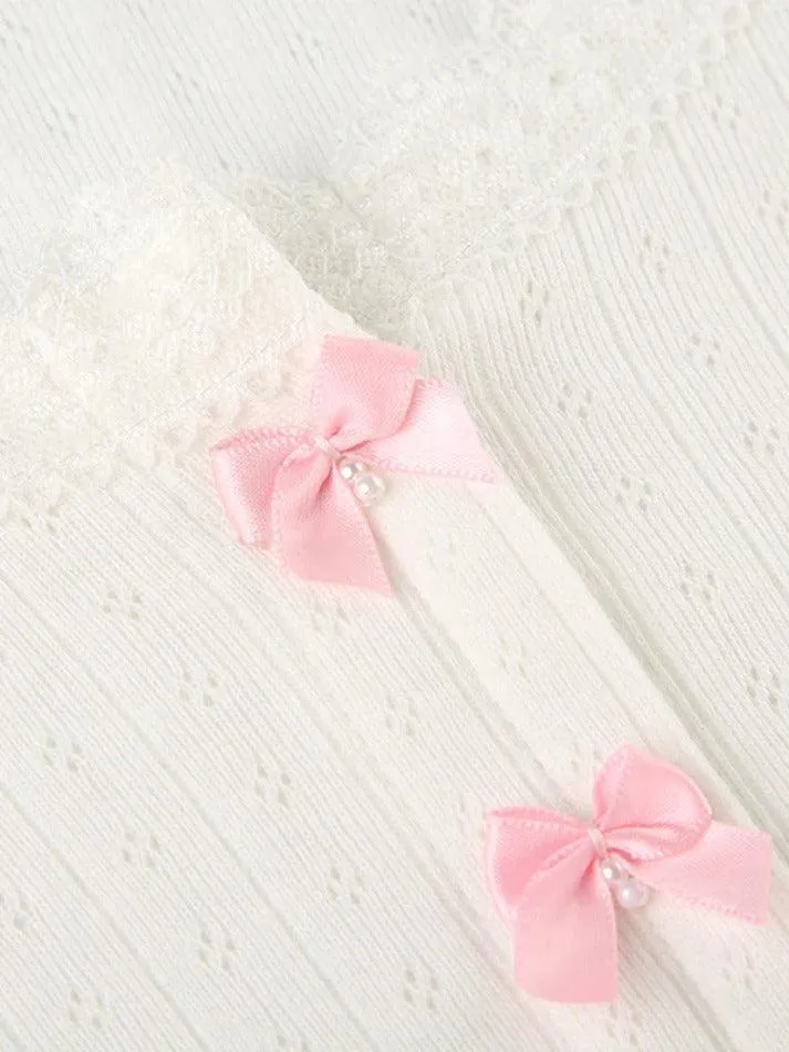 Lace Trim Bow Decor Crop Long Sleeve Knit