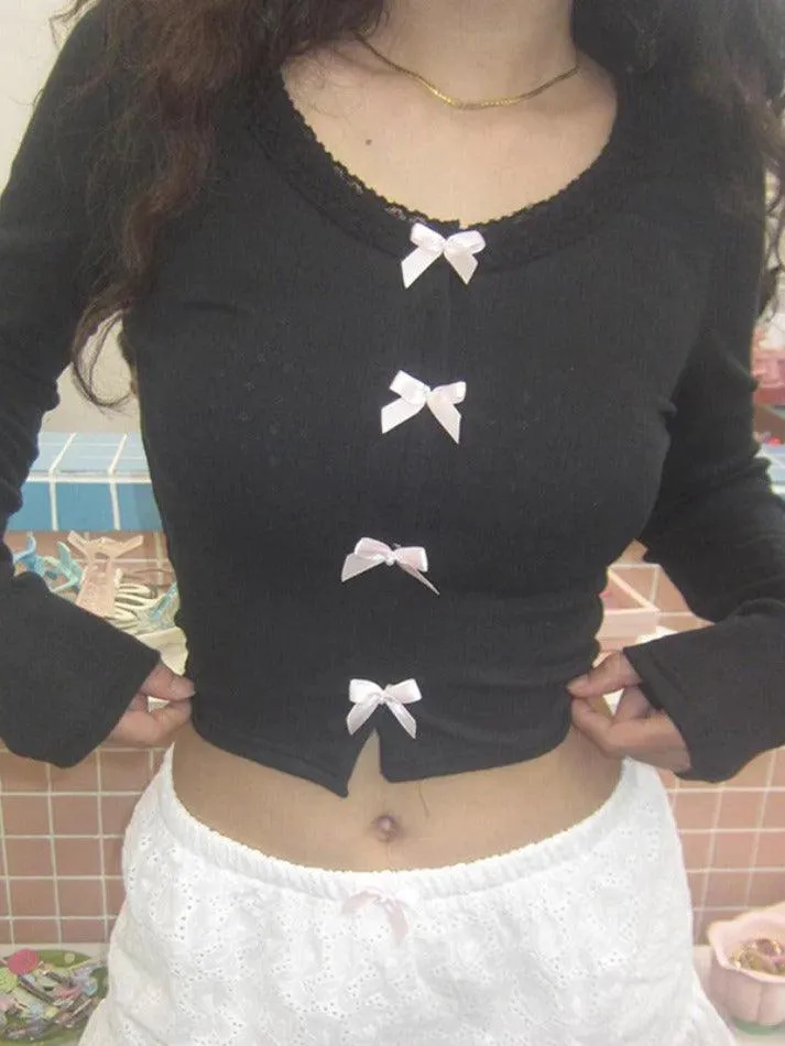 Lace Trim Bow Decor Crop Long Sleeve Knit