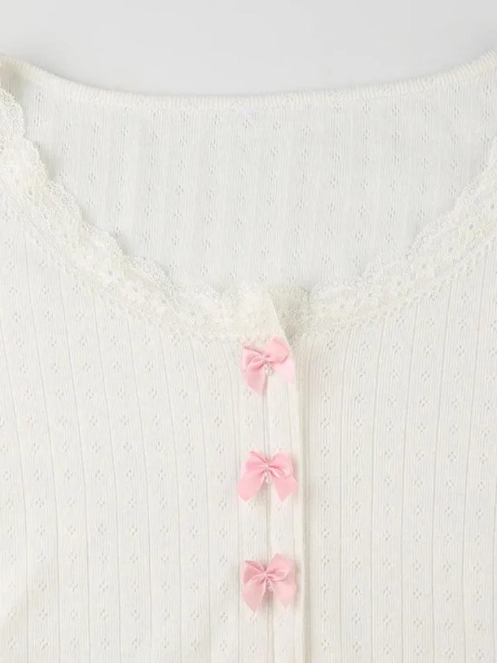 Lace Trim Bow Decor Crop Long Sleeve Knit