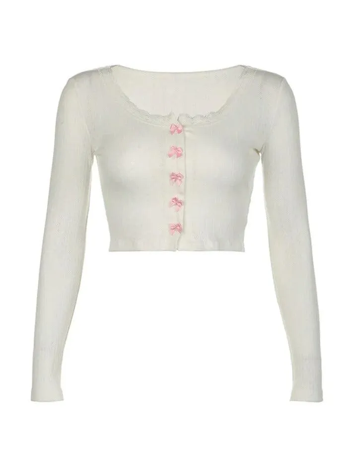 Lace Trim Bow Decor Crop Long Sleeve Knit