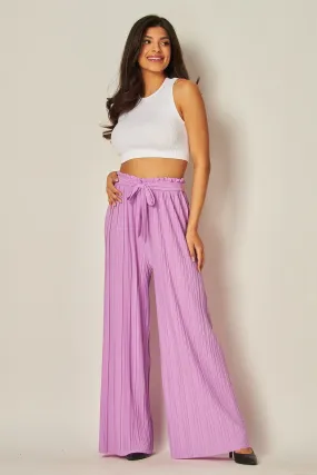 Lady Lilac Pleated Wide Leg Paperback Self Tie Pants