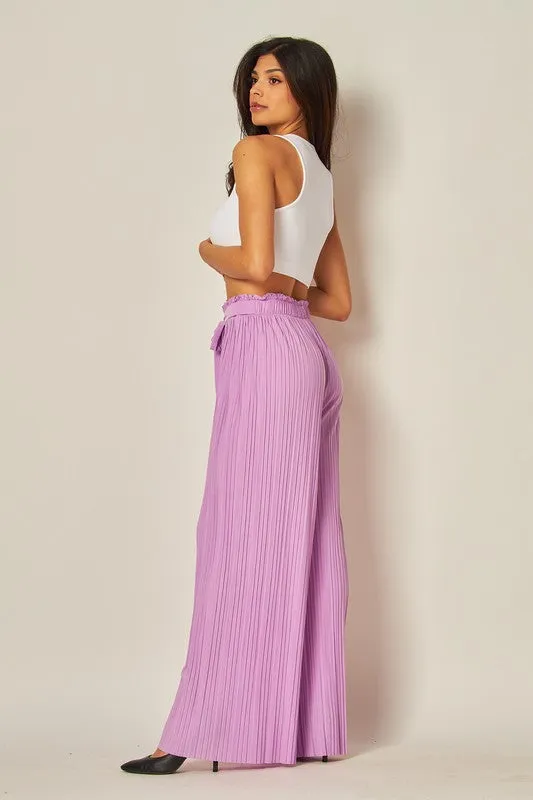 Lady Lilac Pleated Wide Leg Paperback Self Tie Pants
