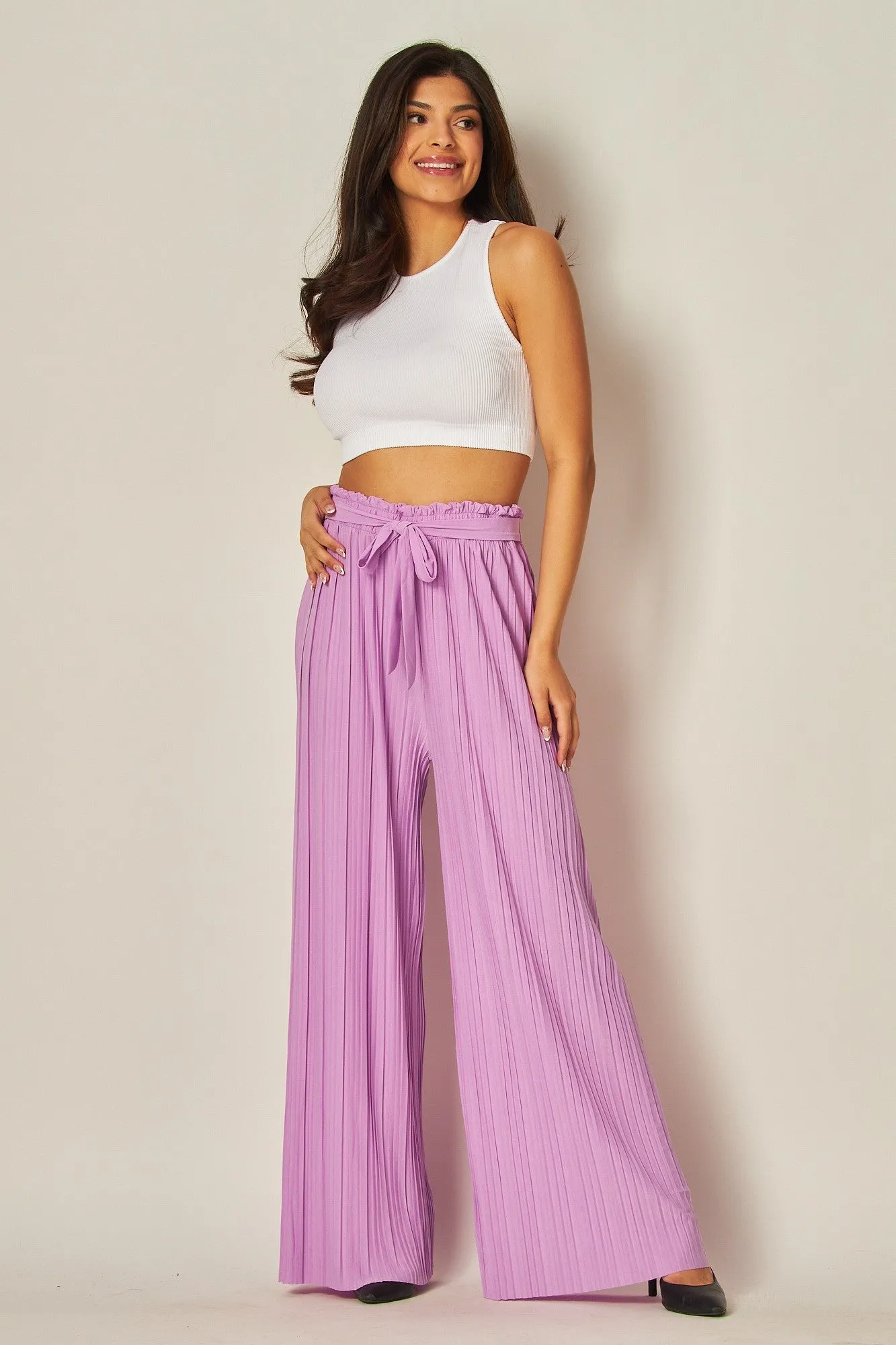 Lady Lilac Pleated Wide Leg Paperback Self Tie Pants