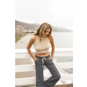 Linen Pants 29" Inseam Drawstring Smocked Waist Beach Pants - Grey