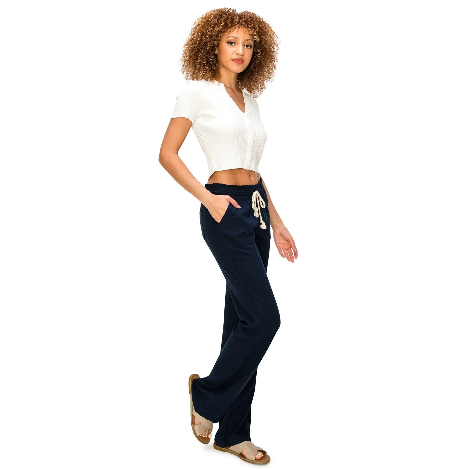 Linen Pants 29" Inseam Drawstring Smocked Waist Beach Pants - Navy
