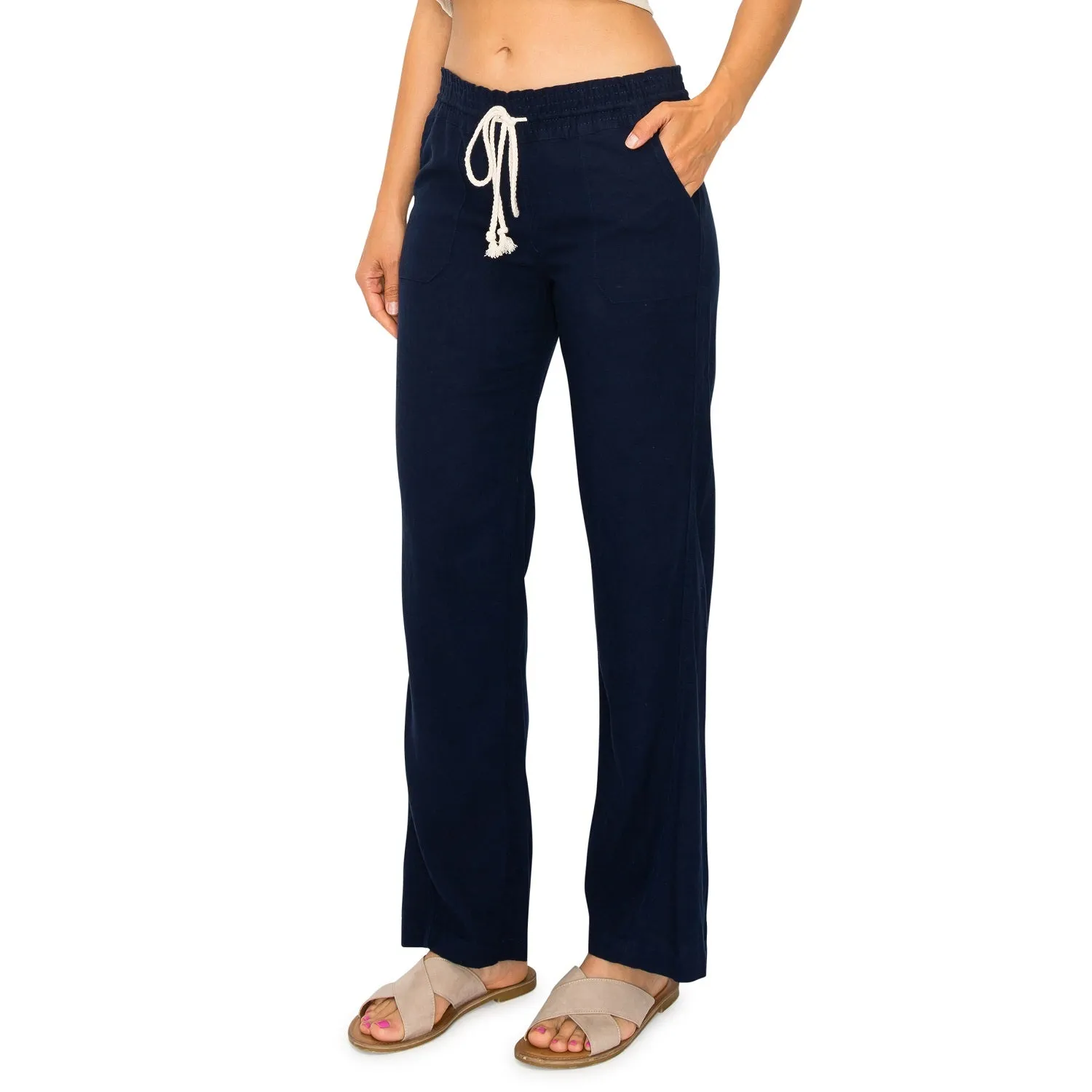 Linen Pants 29" Inseam Drawstring Smocked Waist Beach Pants - Navy