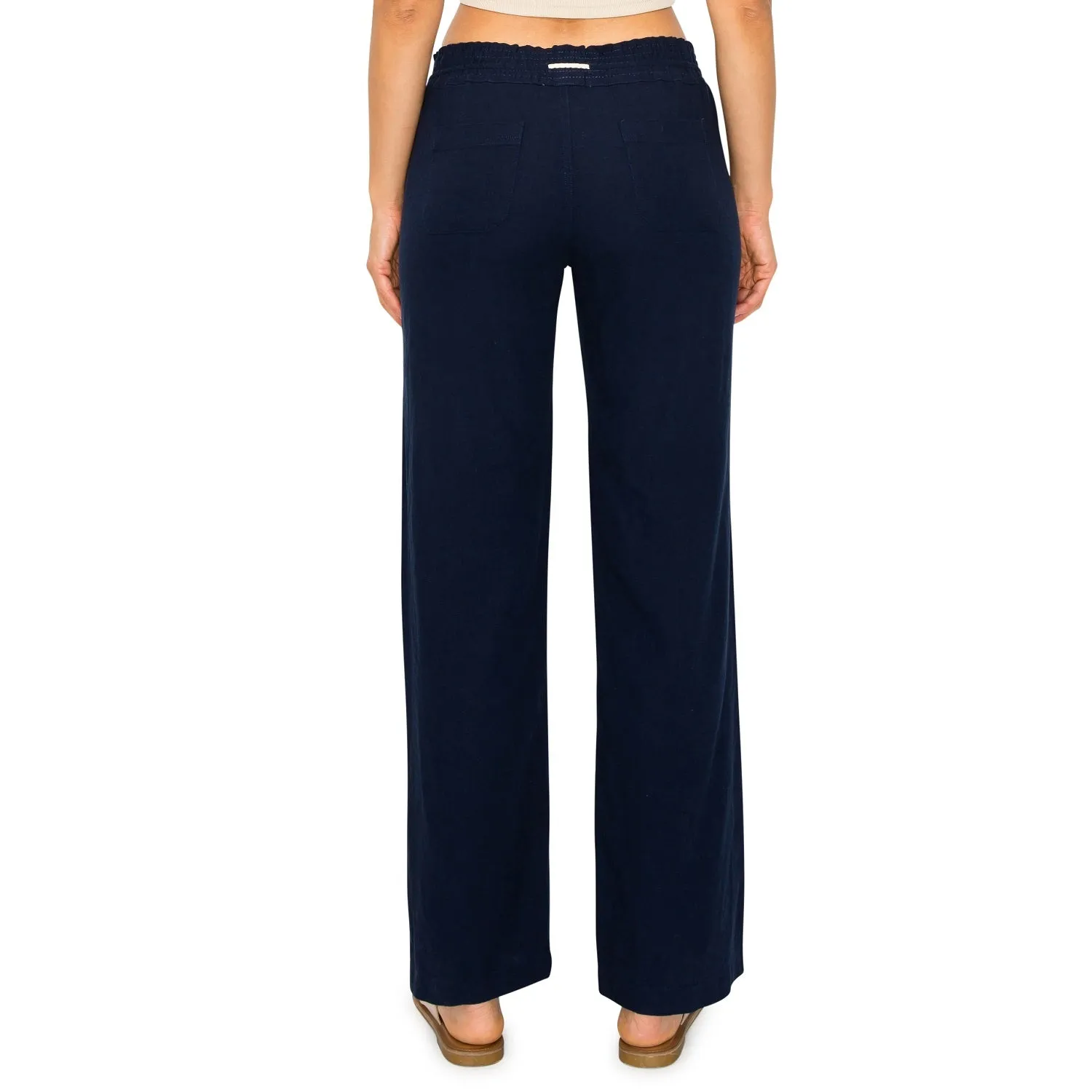 Linen Pants 29" Inseam Drawstring Smocked Waist Beach Pants - Navy