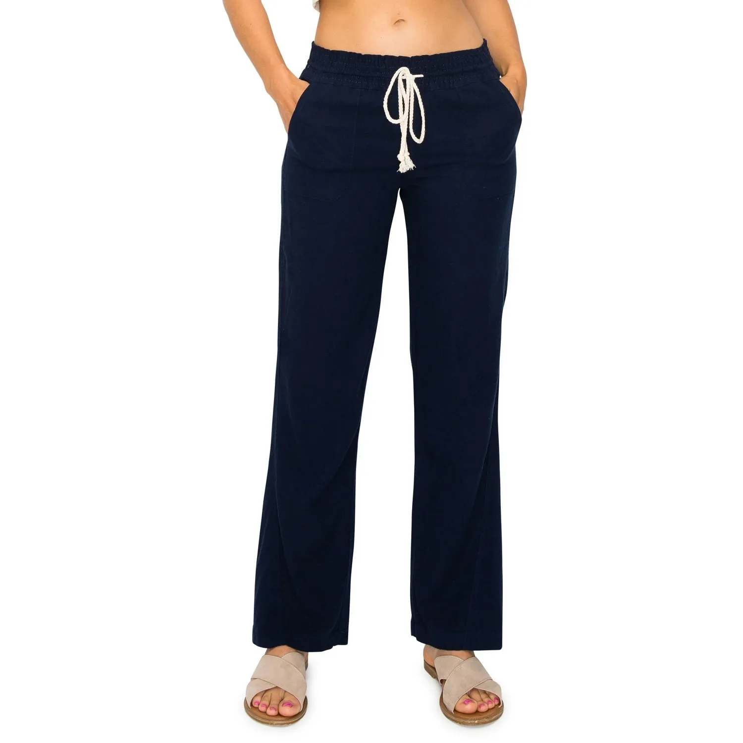 Linen Pants 29" Inseam Drawstring Smocked Waist Beach Pants - Navy