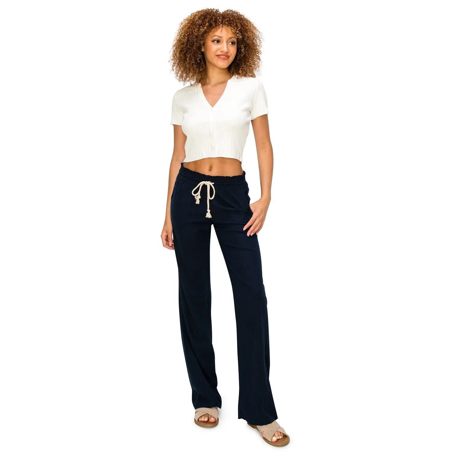 Linen Pants 29" Inseam Drawstring Smocked Waist Beach Pants - Navy
