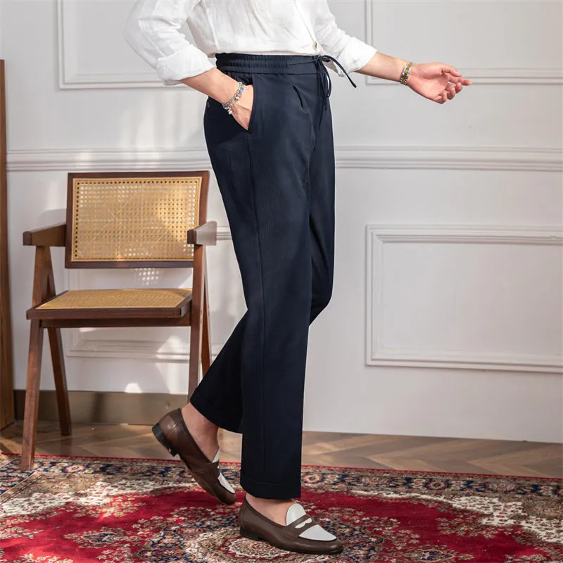 Men's Drawstring Suit Pants Lightweight Breathable Single Pleat No-iron
