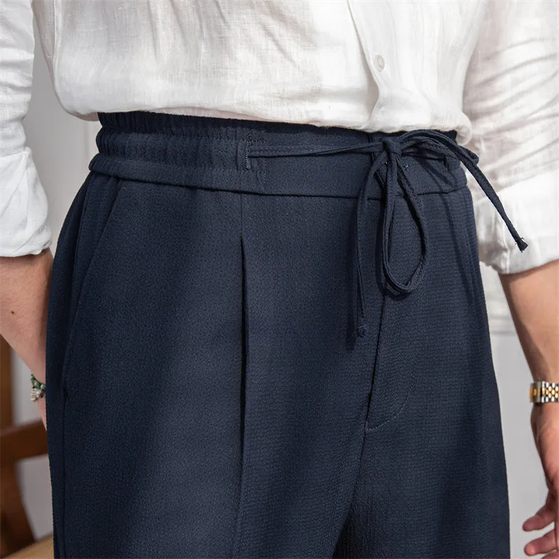 Men's Drawstring Suit Pants Lightweight Breathable Single Pleat No-iron