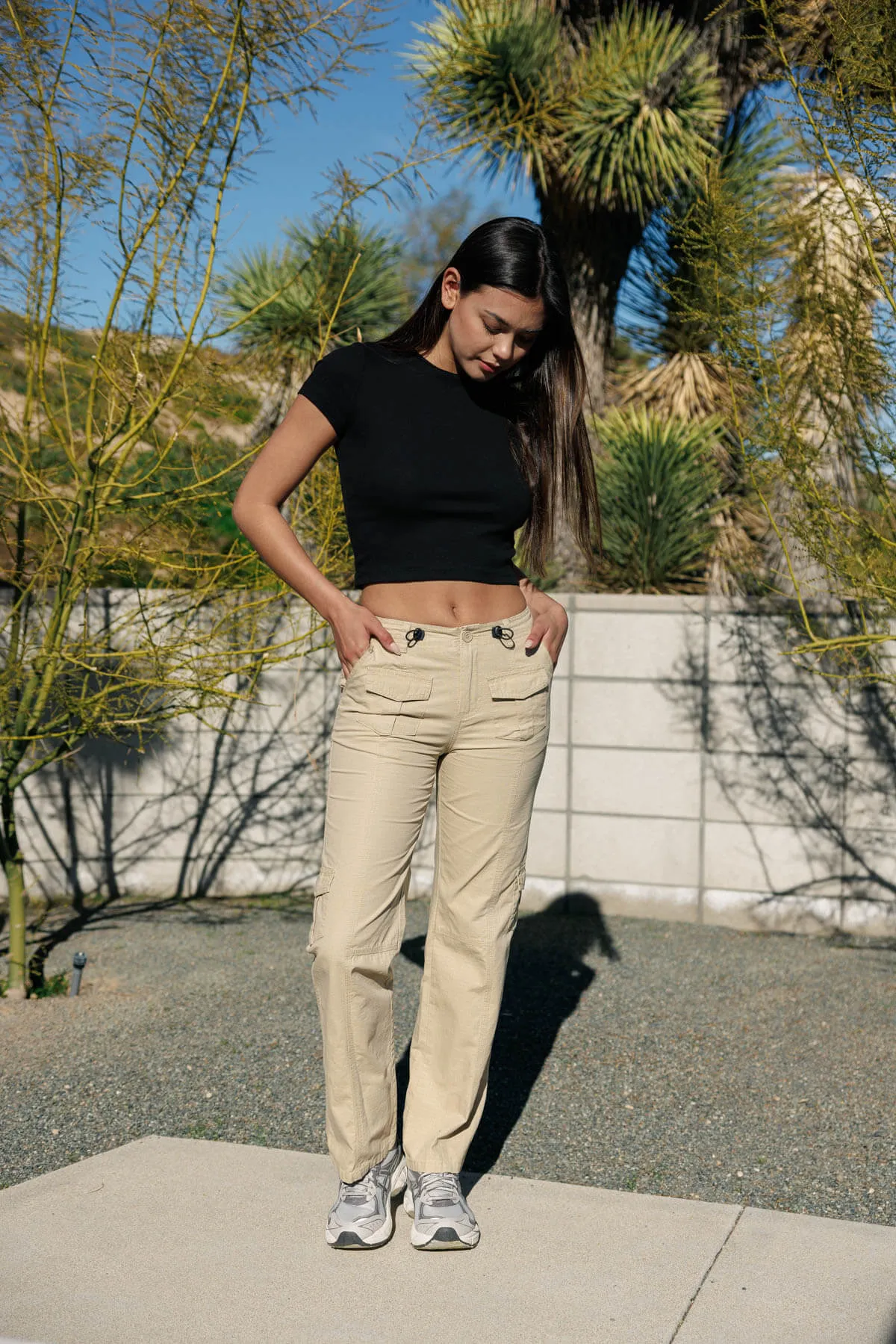 Mid Rise Adjustable Waist Cargo Pants - Khaki
