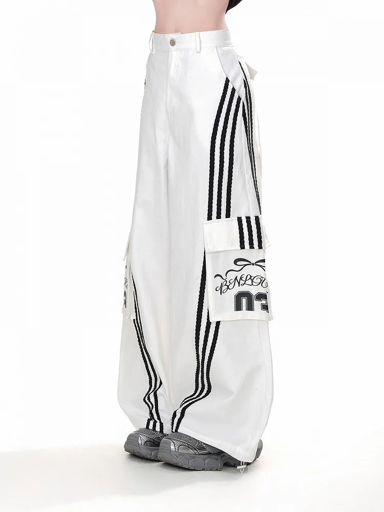 Pants Wide-leg Black Cargo Loose White Pockets