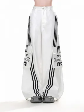 Pants Wide-leg Black Cargo Loose White Pockets